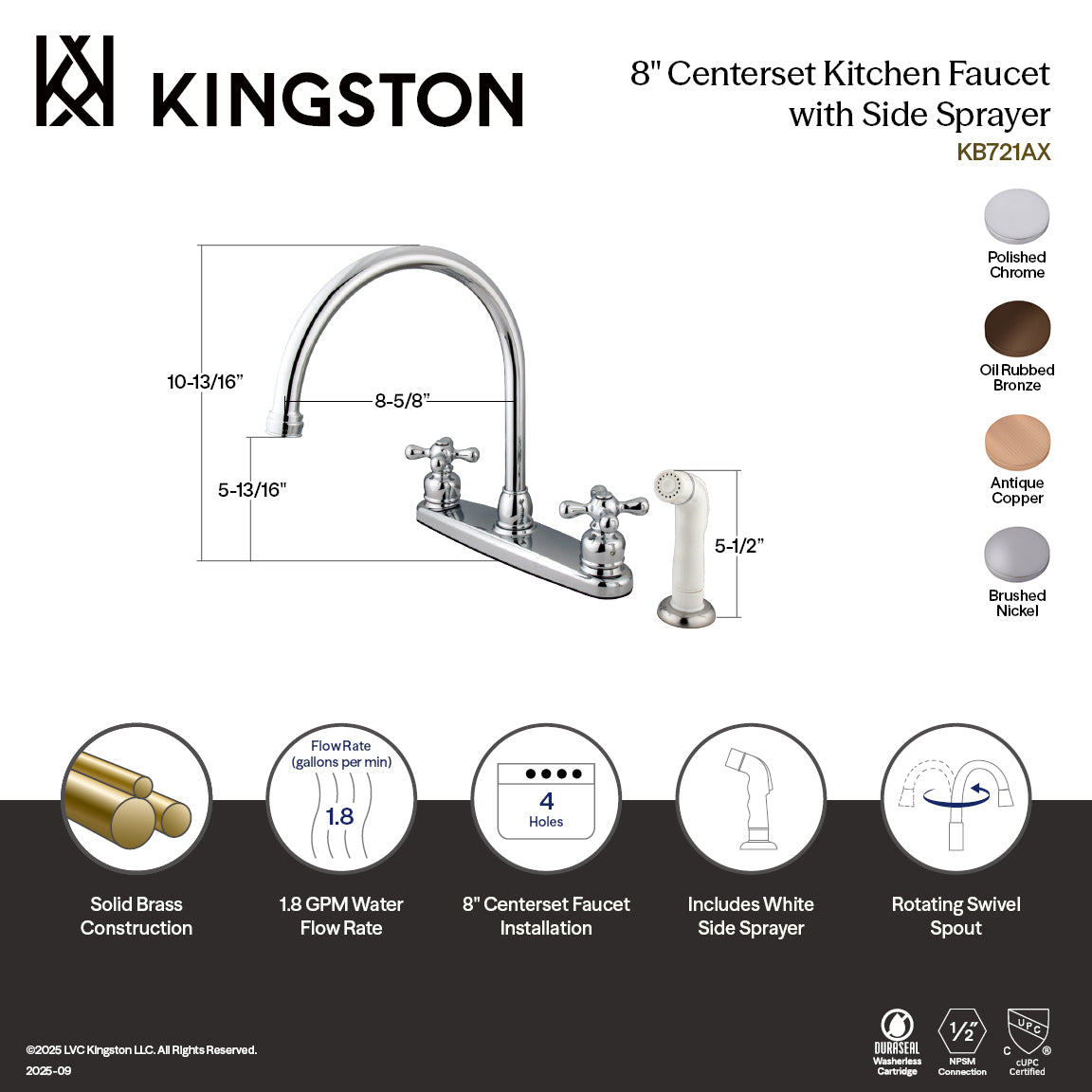 Kingston Heirloom KB725AX - Vintage Two-Handle 4-Hole 8" Centerset Kitchen Faucet with Side Sprayer, Oil Rubbed Bronze — thumbnail 2